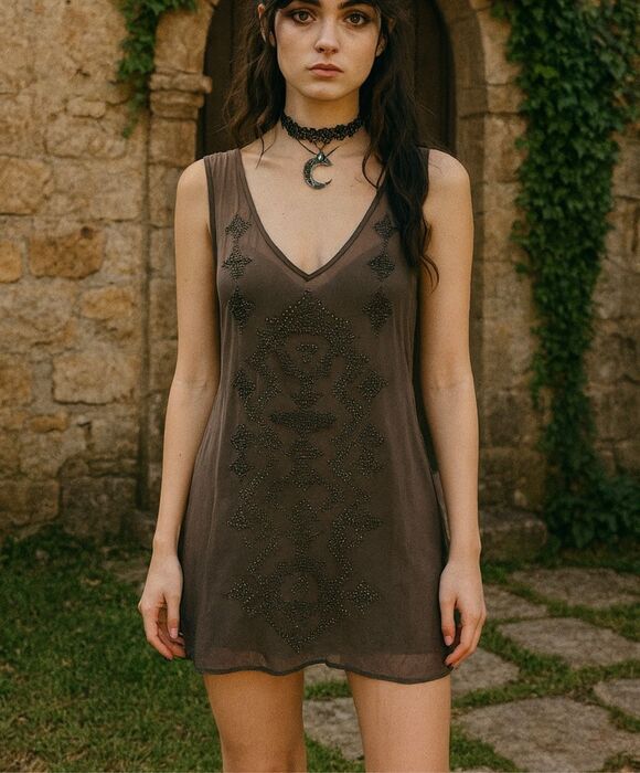 Chan Luu Dresses & Skirts - Chan Luu Beaded Sheer Mini Dress Gray Whimsigoth Dark Romantic XS